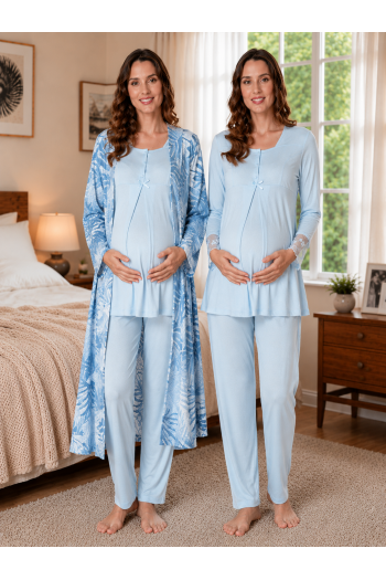 Effortt 9044 Mavi Sabahlıklı Hamile Lohusa Pijama Takımı Effortt 9044 Mavi Sabahlıklı Hamile Lohusa Pijama Takımı